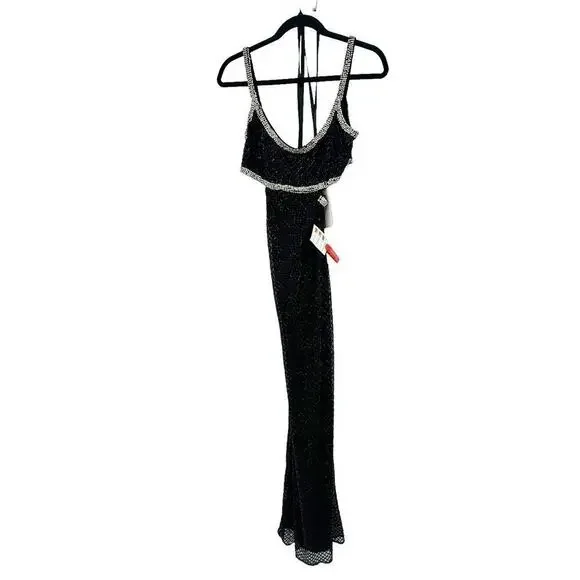 Mac Duggal Beaded Open Back Cut- Out Back Slit Gown Prom Dress Black Size 6 NWT